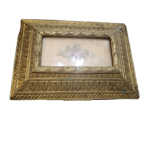 Antique Dore Bronze Footed Decorative Box with Needle Point Center (A2000) - Picture 2 of 12